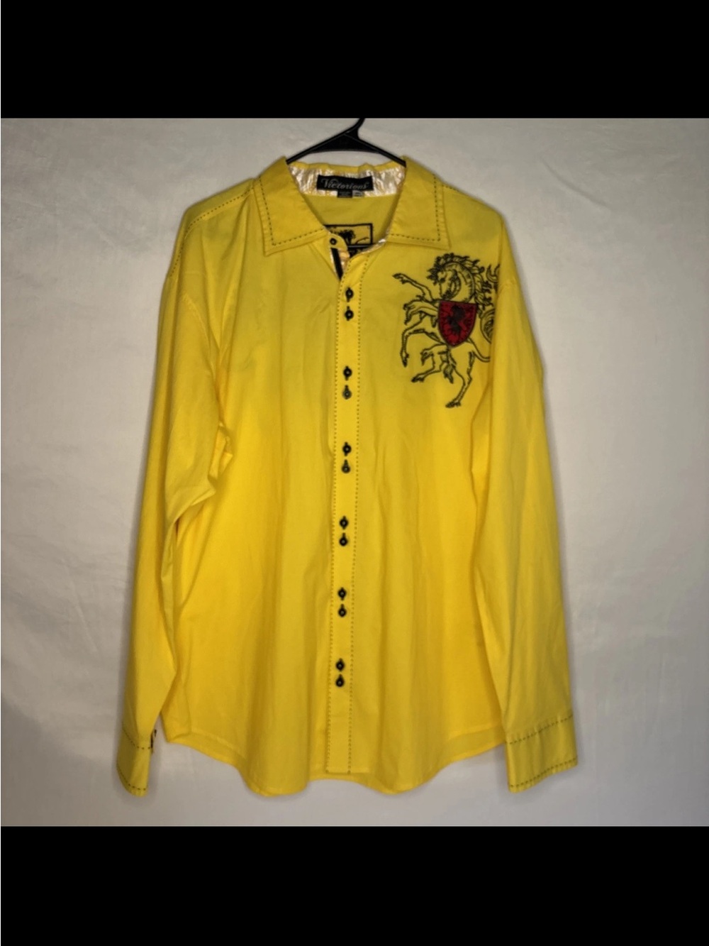 Victorious Yellow Button Down Shirt Black Dragon Horse Embroidery Men’s